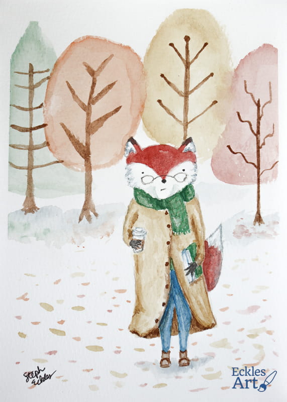 An intelligent and charming fox dressed in academic attire, exuding a scholarly and whimsical vibe. It is wearing classic academic accessories such as round glasses, a smart green scarf, and a long leather coat buttoned to the waist, reinforcing its studious appearance. It is also carrying a couple of books and a to-go hot drink. The background features four whimsical trees in muted natural shades, and a few leaves scattered on the ground, evoking a fall landscape. The overall style holds a touch of storytelling charm.