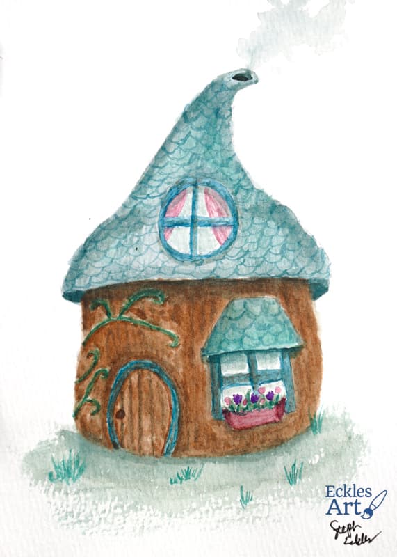 A whimsical fairy cottage with a charming, organic structure, including a mossy tiled roof, curved doorways, a circular window as well as shaded square window with flower box, suggesting a cozy, enchanted home on the forest floor.