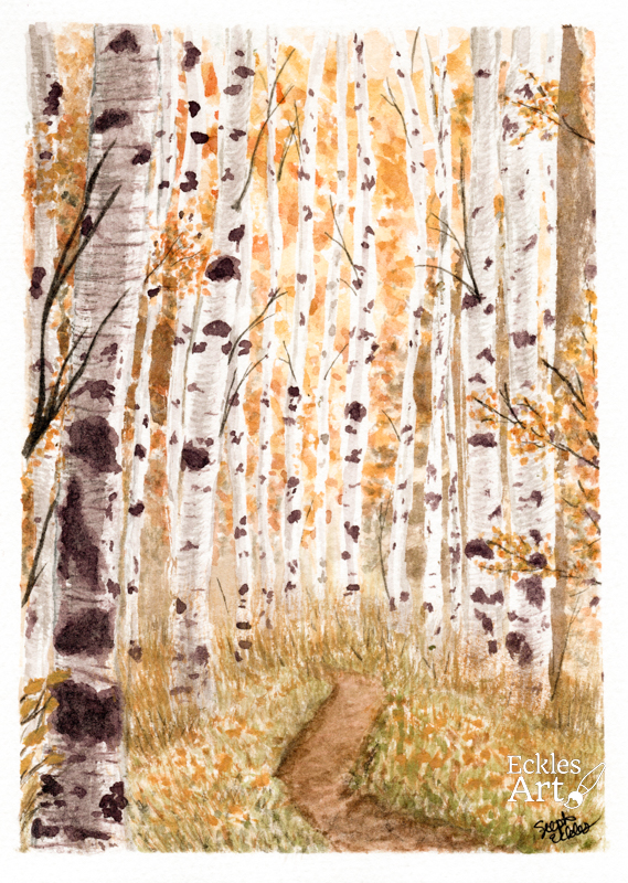 A serene autumn forest filled with tall white birch trees speckled with dark bark and golden leaves. A narrow dirt path winds through the soft grass, leading the viewer’s eye deeper into the warm, peaceful scene.