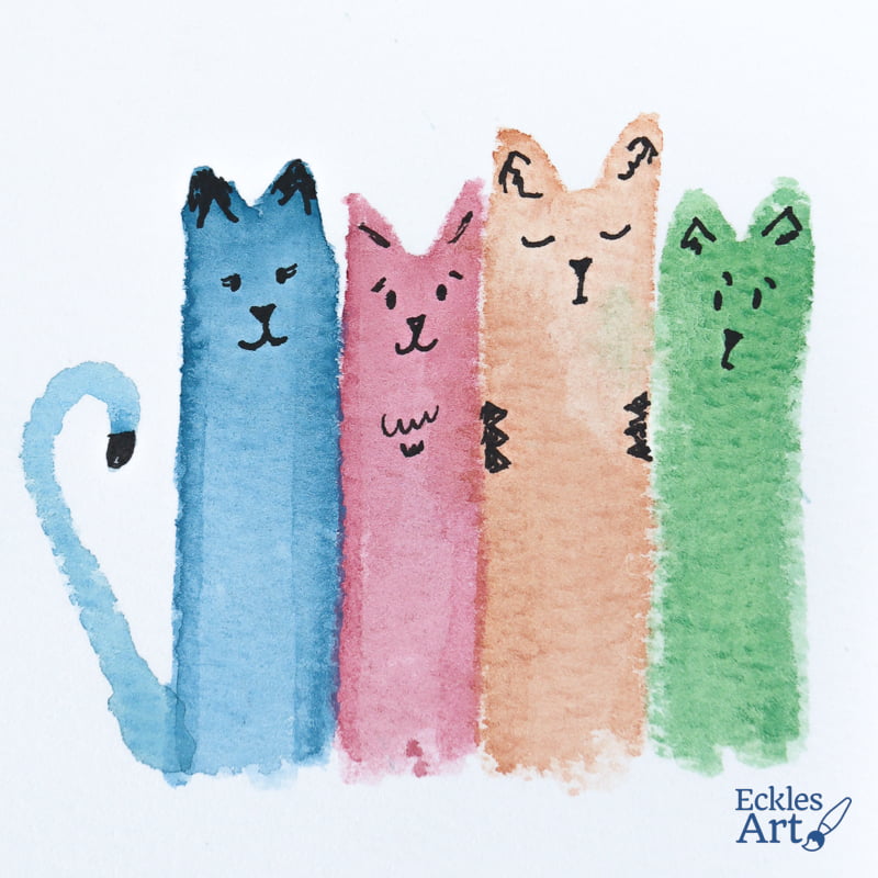 An adorable and whimsical depiction of 'long cats', with bodies stretched out tall with no legs or feet visible. The cats are illustrated in a charming manner with simple linework to indicate subtle facial expressions. Their elongated bodies give them a humorous feel.