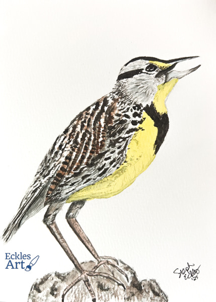 A lone meadowlark is the prominant subject of the painting, shown in side profile with mouth slightly open and showing off the distinctive bright yellow belly and black v-shaped collar markings. The bird stands atop a just visible fence post.