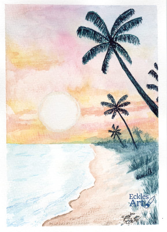 A serene and vibrant sunset scene featuring silhouetted palm trees against a colorful sky. The sky transitions through a gradient of warm hues, such as oranges, pinks, and purples, creating a dreamy and tropical atmosphere. The palm trees stand tall and dark, providing a striking contrast to the luminous background. The composition evokes a peaceful, beachy vibe, reminiscent of a quiet evening by the ocean as the sun dips below the horizon.