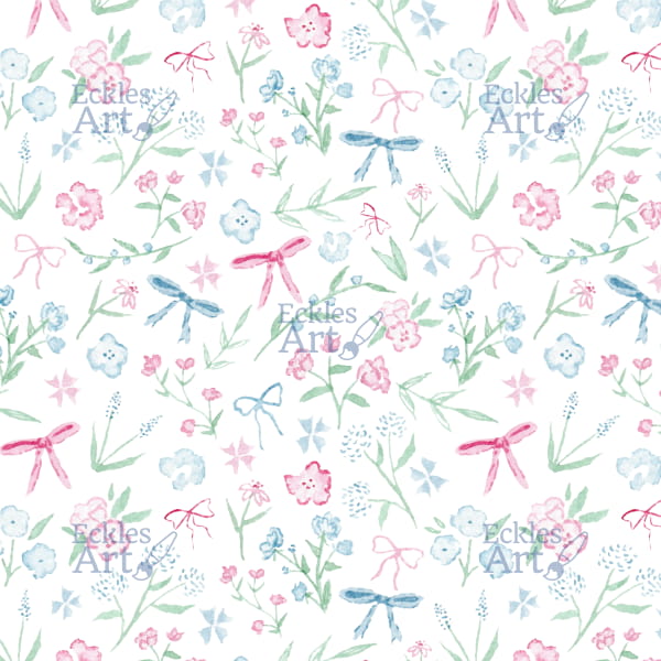 A delicate, vintage-inspired pattern with a 'coquette' aesthetic. It consists of soft pink and blue bows and small floral elements arranged in an elegant, repeating design. The bows have a dainty, ribbon-like appearance, and the flowers are tiny, resembling roses and other romantic blossoms. The overall color palette is soft and feminine, including shades of pink, baby blue, cream, and muted green. The pattern exudes a charming, nostalgic feel, reminiscent of vintage textiles or decorative stationery.