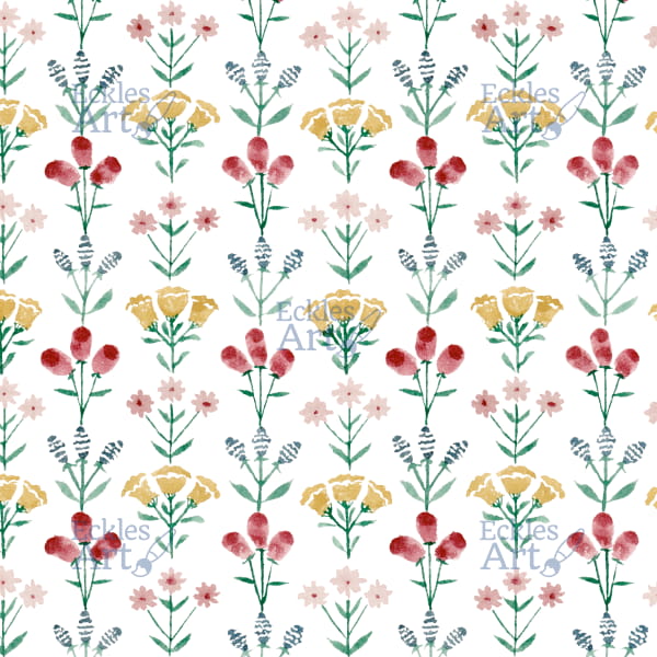 A lively and colorful floral pattern with a springtime theme. It features a variety of flowers in different shapes and sizes, arranged in a cheerful, scattered composition. The color palette is bright and fresh, including shades of pink, yellow, blue, green, and  red. The hand-painted style gives it an organic and whimsical charm. This pattern evokes the beauty of a blooming garden in spring, full of energy and warmth.