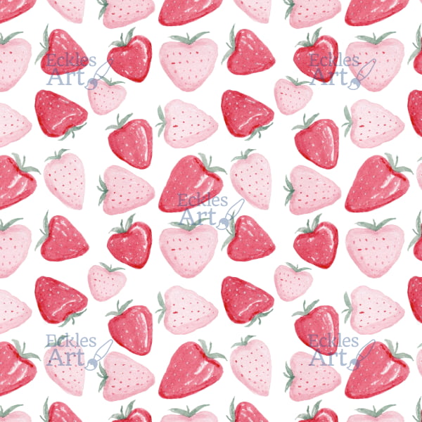 A charming strawberry-themed pattern with a fresh and playful aesthetic. It showcases alternating muted pink and bright red strawberries with tiny seeds and green leafy tops scattered across the design. The background is light to enhance the strawberries' vibrant hues. The hand-painted style gives it a whimsical and cozy appeal, reminiscent of vintage kitchen textiles or picnic-themed designs.