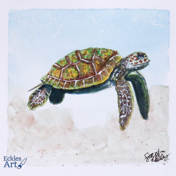 A sea turtle with a strongly patterened shell in shades of brown, green, and gold seems suspended as the central focus of this painting.